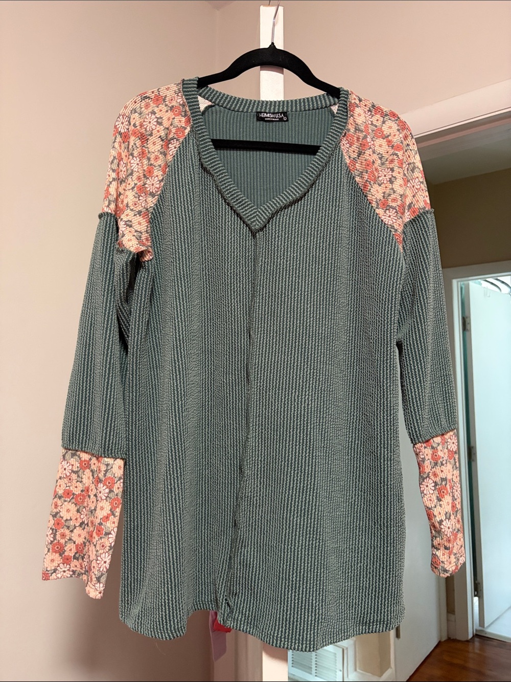Green Waffle Knit Top with Floral Sleeve Accents